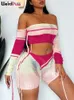 Женский комплект из 2 предметов Weird Puss Knit в стиле пэчворк, спортивный костюм с открытыми плечами, рваные укороченные топы, складные шорты, эластичные уличные одинаковые костюмы 240323