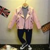 Girls Leather Jacket Spring Autumn Plus Velvet Coat Children Korean Pu Leather Clothes Kids Zipper Fashion Overcoat XMP04 240319