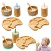 Caixas 1 Defina o conjunto de pratos de tigela de alimentação de bebês, crianças de bambu, alimentando louça de jantar com bambu copo de copo de bambu colher de pratos infantis