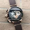 Canhoto 50mm U-51 U51 Chimera Bronze 7474 Esqueleto Preto Dial Quartz Chronograph Mens Watch Cronômetro Moldura Preta Couro Stra298p