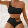 Women's Swimwear Fashion One Shoulder Women Bikinis Set Summer High Waist Swimming Two Piece Bathing Suit Swimsuit Black Orange Green