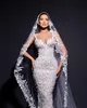 Magnifique robe de mariée sirène chérie voile bretelles spaghetti dentelle appliques perles perles balayage étage robes de mariée robe de novia