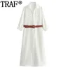 Traf 2024 vestido branco de cetim feminino primavera cinto midi verão manga comprida vestidos casuais escritório botão up vestido 240320