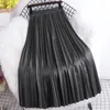 Skirts Pleated PU Leather Skirt 2024 Autumn Winter Korean Style Slim Elastic High Waist A-line For Women