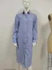 Vestidos casuais comprimento médio saia solta cintura azul cardigan turn down botão camisa listrada vestido de senhoras