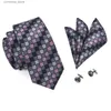 Neck Ties Neck Ties Hi-Tie Designer Grey Plaid Novelty Silk Wedding Tie For Men Handky Cufflink Gift Mens Necktie Fashion Business Party Dropshiping Y240325