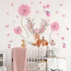 Adesivos rosa dandelion dos desenhos animados cervos coelho adesivo de parede removível vinil pvc decoração casa sala estar quarto