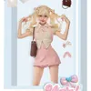 Saias rosa kawaii vestido terno y2k menina camisa arco mulheres sexy magro listrado camisas lolita outfits verão mini suspender