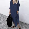 Plus Size Sommer Damen Einfarbiges Split-Kleid Elegant Lässig Knopftasche V-Ausschnitt Langarm Gefüttert 2023 240312