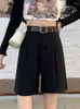 여자 반바지 하이 허리 검은 색 캐주얼 느슨한 스트레이트 넓은 다리 정장 견고한 컬러 탄성 허리 여름 2024