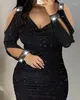 Casual Dresses Women's Style Dress 2024 Spring/Summer Senaste Plus Size Rhinestone Cold Axel Långärmad Ruched Party Pencil kjol