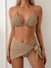 Kvinnors badkläder Khaki Texture Tyg Swimsuit Kvinnor Solid färg 3-stycks strandmask kjol Bikini Set High midje triangel Suspender 2024