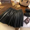 Brown pu läder veckad kort kjol för kvinnor faldas mujer de moda hög midja a-line mini kjolar vintage chic koreanska jupe 240314