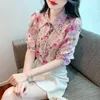 Womens Blouses Shirts High Quality Pearls Lapel Collar Floral Chiffon Shirt Women Tops 2023 Puff Sleeve Ol Elegant Blouse Blusas Camis Otxki