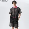 Män sätter mesh patchwork transparent lapel kort ärmskjorta shorts 2st streetwear mode sexiga män kostymer s-5xl incerun 240311