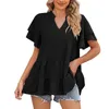 Kvinnors blusar Solid Color T-shirt Casual V Neck Double Layered Ruffle Sleeve Pleated Cake Pullover Top Summer Design Oriented T-shirts