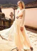 Sexy Deep Vneck Cut Out Long Sleeve Maxi Dress White Lace Tunic Women Clothes Summer Beach Wear Swim Suit Cover Up A1049 240320