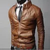 FI Herrmotorcykelskinnjacka Spring och Autumn Stand Collar Zip Aviator Jackets Male Slim Pu Syntetiska läderrockar 89QI#