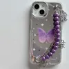 Cell Phone Cases Luxury Metal Butterfly Wrist Chain Electroplated Mirror Star Purple Phone Case for iphone 13Pro 14 Pro Max 12 Pro Max 11 Cover H240326