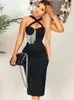 Kobiety Summer Sexy Key Hole Diamonds Tassel Crystal midi Black Bodycon Bandage sukienka 2023 Elegancka impreza wieczorna Vestido 240315