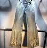 Jeans da donna stile cinese ricamo pantaloni svasati con perline divisi per le donne 2024 primavera tutto-fiammifero vita alta casual dritto blu