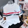 2024 Été Nouveau TB Stripe Couleur Blocking Front Dog Dog Broidery Pâte Fried Twists Slim Ice Silk Silk Sleeve Knitwear