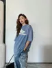 Brand name: High quality cotton round neck women's T-shirt, European and American fashion letter print logo, men's summer casual couple, denim distressed short sleeves