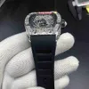 Hip Hop Herren-Trend-Armbanduhr mit Diamantgehäuse, große Diamant-Lünette, Uhren mit schwarzem Kautschukarmband, automatische mechanische Uhr W272T