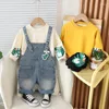 Kledingsets Peuter Lenteoutfits 2024 Designer Babyjongenskleding Casual Cartoon Dinosaurus T-shirts en overalls met lange mouwen Kinderen Jongenspak