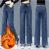 Jeans femininos senhoras velo forrado mais estilo casual azul reto cintura alta calças femininas