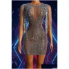 Basic Casual Dresses Luxury Fashion Evening Party Rhinestones Fringe Mesh Transparent Short Dress Women Birthday Celebrate Crystal Out Otoov