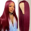 99J Bury 13x4 HD Transparent frontala vinröd färgade raka spetsar Front Wigs Human Pre Plucked With Baby Hair Glueless 180% Density 26 Inch