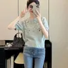 T-shirts pour femmes perles paillettes colorées doux tricoté t-shirt chic rose clair décontracté style court pull t-shirts mignon haut femmes printemps