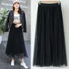 Skirts Tulle Womens 2023 Summer Long Maxi Skirt Female Elastic High Waist Pleated Tutu Sun Black Gray Pink