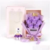 Decorative Flowers Wreaths 7Pcs Artificial Mariage Soap Roses Flower Bouquet With Doll Bear Birthday Christmas Valentines Day Gift Hom Dhv0I