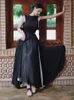 Abiti casual in stile cinese vintage lungo maxi grande vestito swing nero black senza schiena galza elastico bianco gonna da donna set da donna