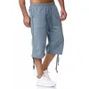 Verão Homem Casual Curto 3XL Linho Cott Cintura Alta Bermuda Shorts Sólidos Cordão Sweatpants Calças Azuis com Bolsos Calças W9tv #