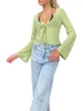 Damesblouses Peplum slim fit crop-tops voor dames Groene laag uitgesneden T-shirts met knoopsluiting en lange mouwen