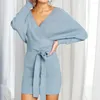 Casual Dresses Women Sexy V Neck Knitted Sweater Mini Dress With Belt Elegance Long Sleeve Back Hollow Out Short Lace Up Party Vestidos