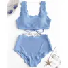 2024SS Set bikini a vita alta con texture smerlato da donna Solido due pezzi Costumi da bagno da spiaggia Biquini in pizzo