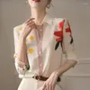 Kvinnors blusar 2024 Autumn Casual Silk Shirts Vintage Print Chiffon Shirt Womens Button Up Lady Tops Långärm Satin Blus Women Women