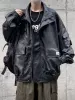 Gmiixder Giacca in pelle PU da uomo Oversize Casual American Retro Cappotto unisex Punk Streetwear Cool Bomber Jacket 72C7 #