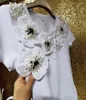 Women's T-skjortor Luxury Style Tär med Rhinestone Pearls T-shirt Tees 3D Flowers Cotton T-shirts Kort ärm Jumpers Top Women kläder