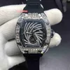 Hip Hop Herren-Trend-Armbanduhr mit Diamantgehäuse, große Diamant-Lünette, Uhren mit schwarzem Kautschukarmband, automatische mechanische Uhr W290r