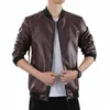 Läderbombermotojacka Herrarna PU AVIAROR SILID Slim Fit Streetwear Windbreaker S4B5#