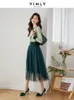 Work Dresses Vimly Korean Fashion Two Piece Sets Green Knitted Cardigan And Midi Mesh Skirt Womens Spring 2 Outfits Matching Set M3386