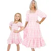 Summe Mother Daughter Matching Dresses Pink Grid Spring Family Look Mommy and Me Clothes Outfits Mom Mum Baby Women Girls Dress 240322