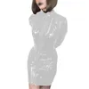 Casual klänningar kvinnor faux pvc glänsande miniklänning lång ärmstativ stativ krage blixtlås stretch sexig våt look bodycon natt fest klubbkläder