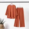 Women's Two Piece Pants Plus Size Cotton Linen Suit Casual Sports T-shirt Trousers Set With Loose Fit O Neck Long Sleeve Top Wide Leg