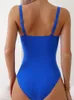 Kvinnors badkläder ett stycke baddräkt 2024 Mujer Kvinnor Solid Black V Neck Hollow Out Pleate Mage Control Beach Bathing Slim Monokini